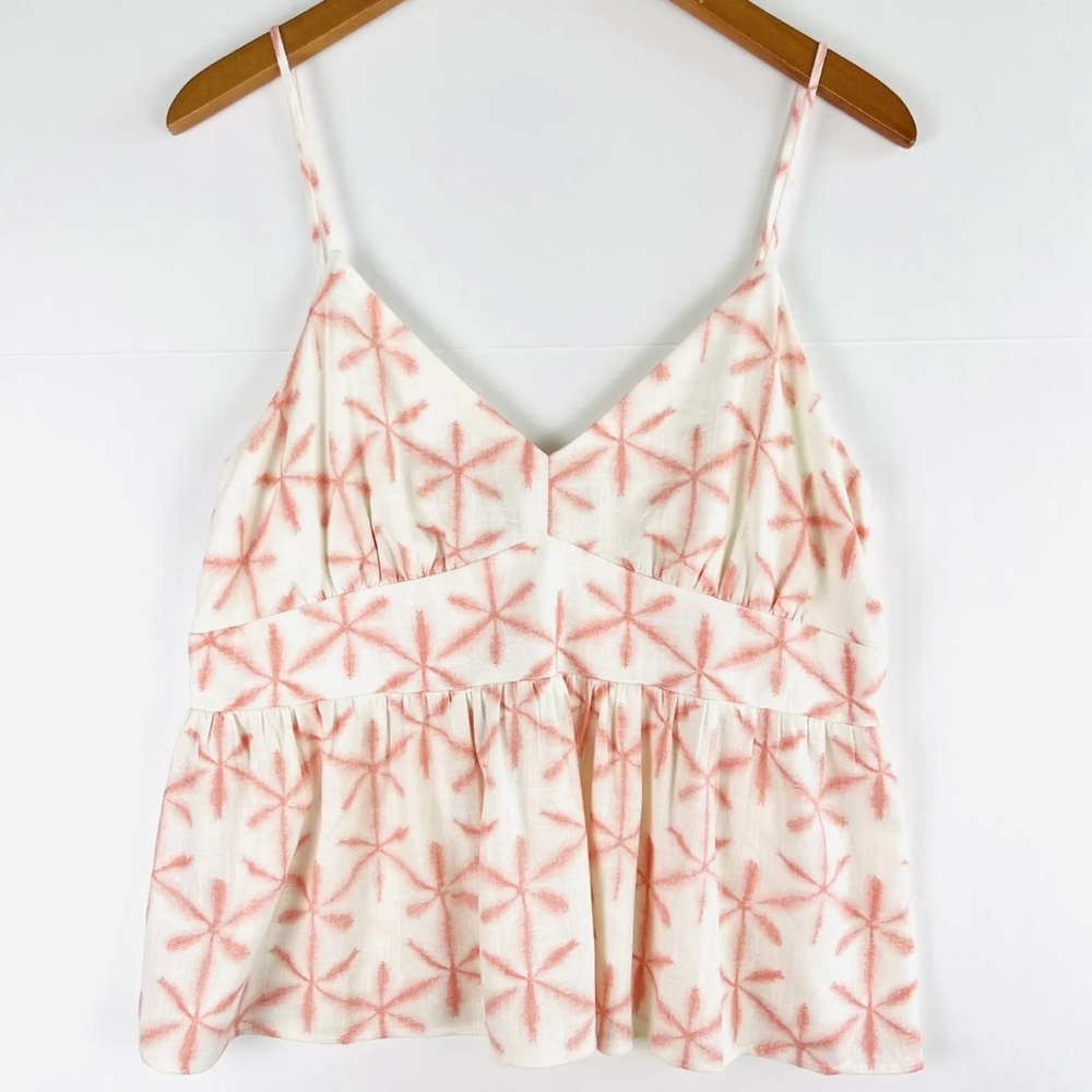 Loft Cami Tank Top Large Petite Linen Blend Cream Pink Stars Boho Baby Doll NWT